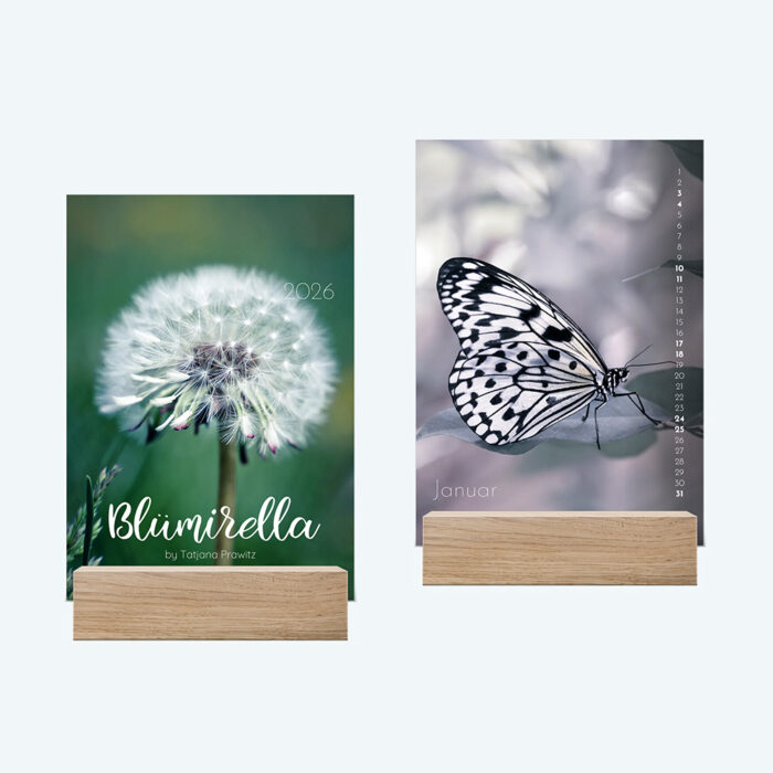Tischkalender 2026, Edition "Blümirella", Größe DIN A6, Holzfuß, zu kaufen im Bildershop Kalender