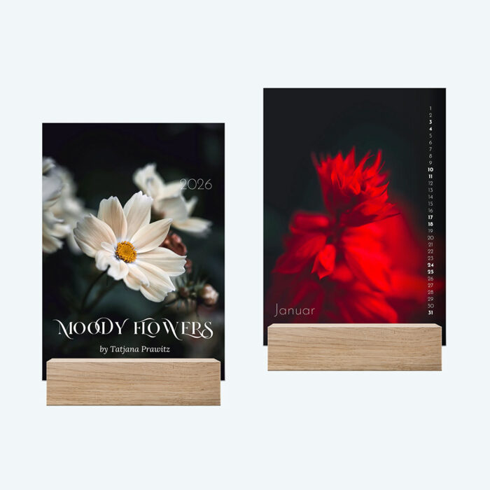 Tischkalender 2026, Edition "Moody Flowers", Größe DIN A6, Holzfuß, zu kaufen im Bildershop Kalender